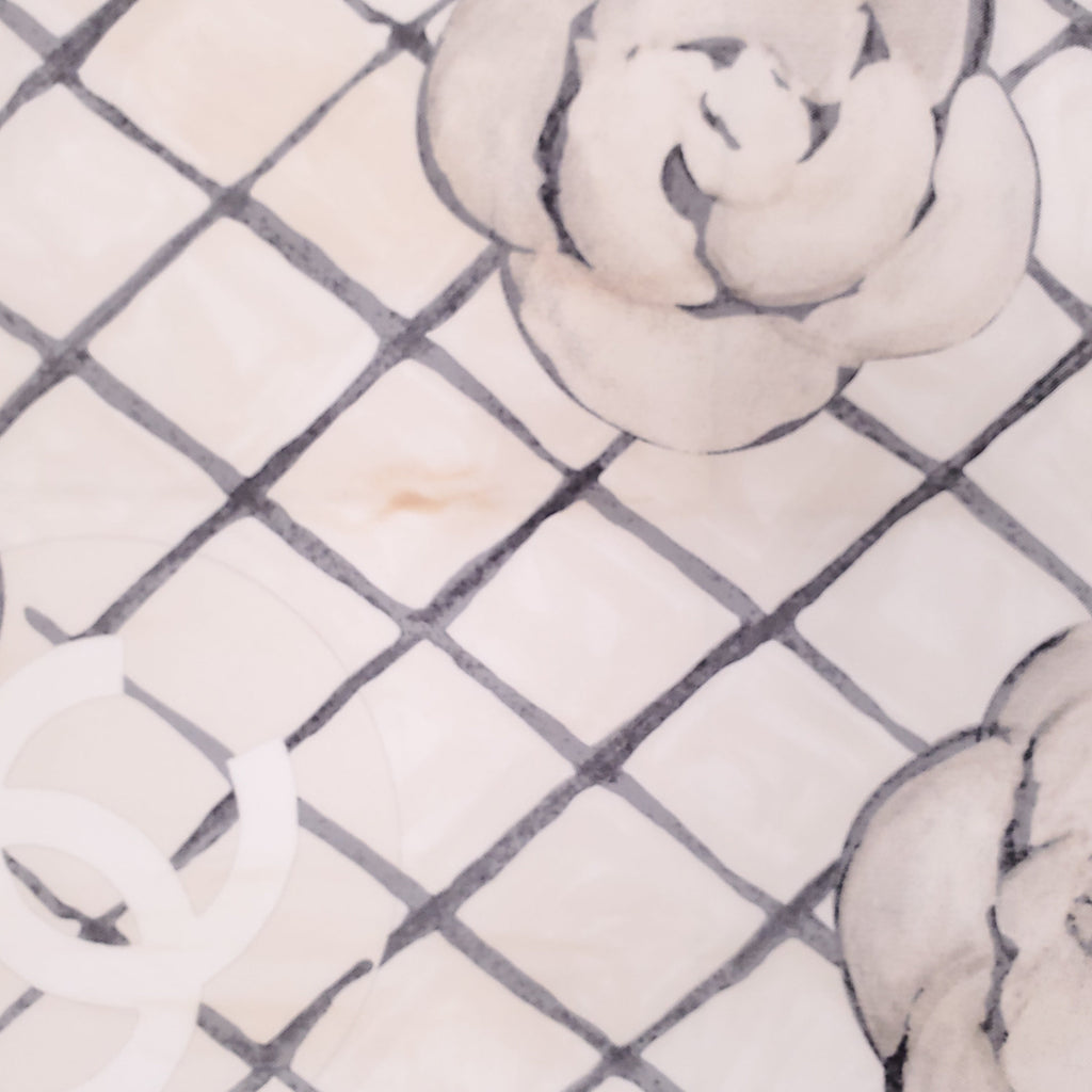 CHANEL CREAM CAMÉLIA LOGO SILK SCARF
