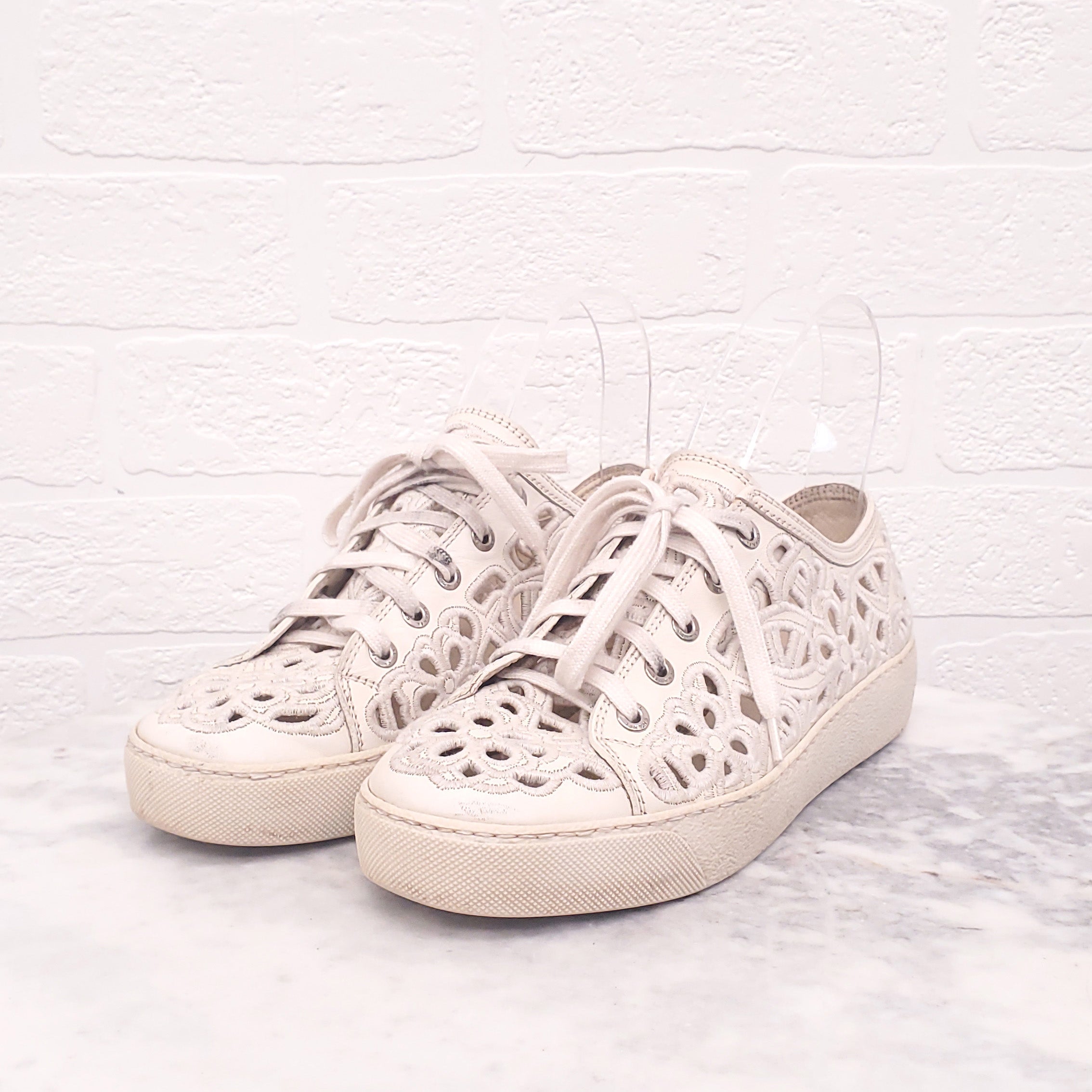 CHANEL CREAM EYELET SNEAKERS - SIZE 37