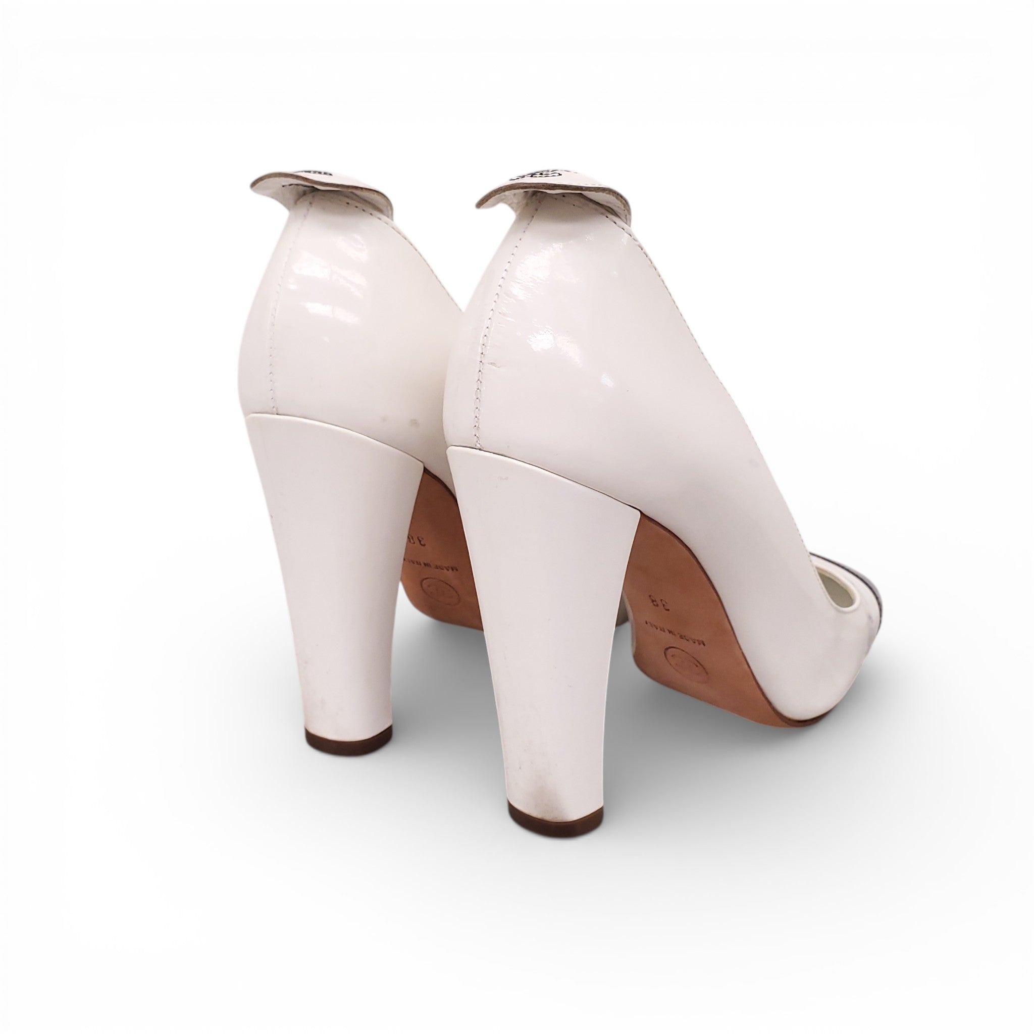 CHANEL WHITE PATENT HEELS WITH BLACK CAP TOE - SIZE 38