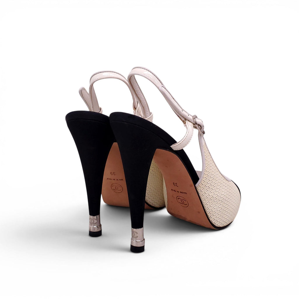 CHANEL CREAM HEELS WITH BLACK CAP TOE - SIZE 39