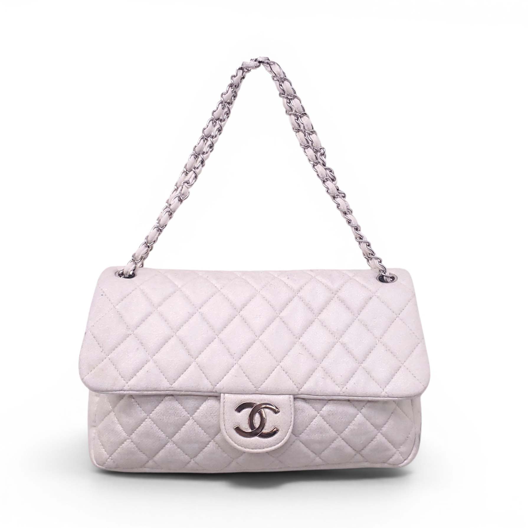 CHANEL CREAM SHIMMER QUILTED JERSEY CC FLAP BAG