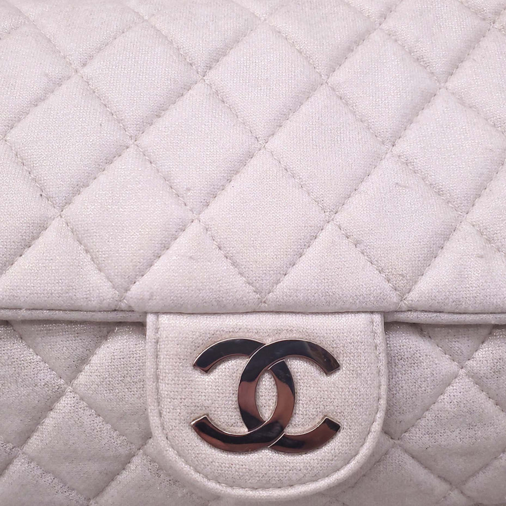 CHANEL CREAM SHIMMER QUILTED JERSEY CC FLAP BAG