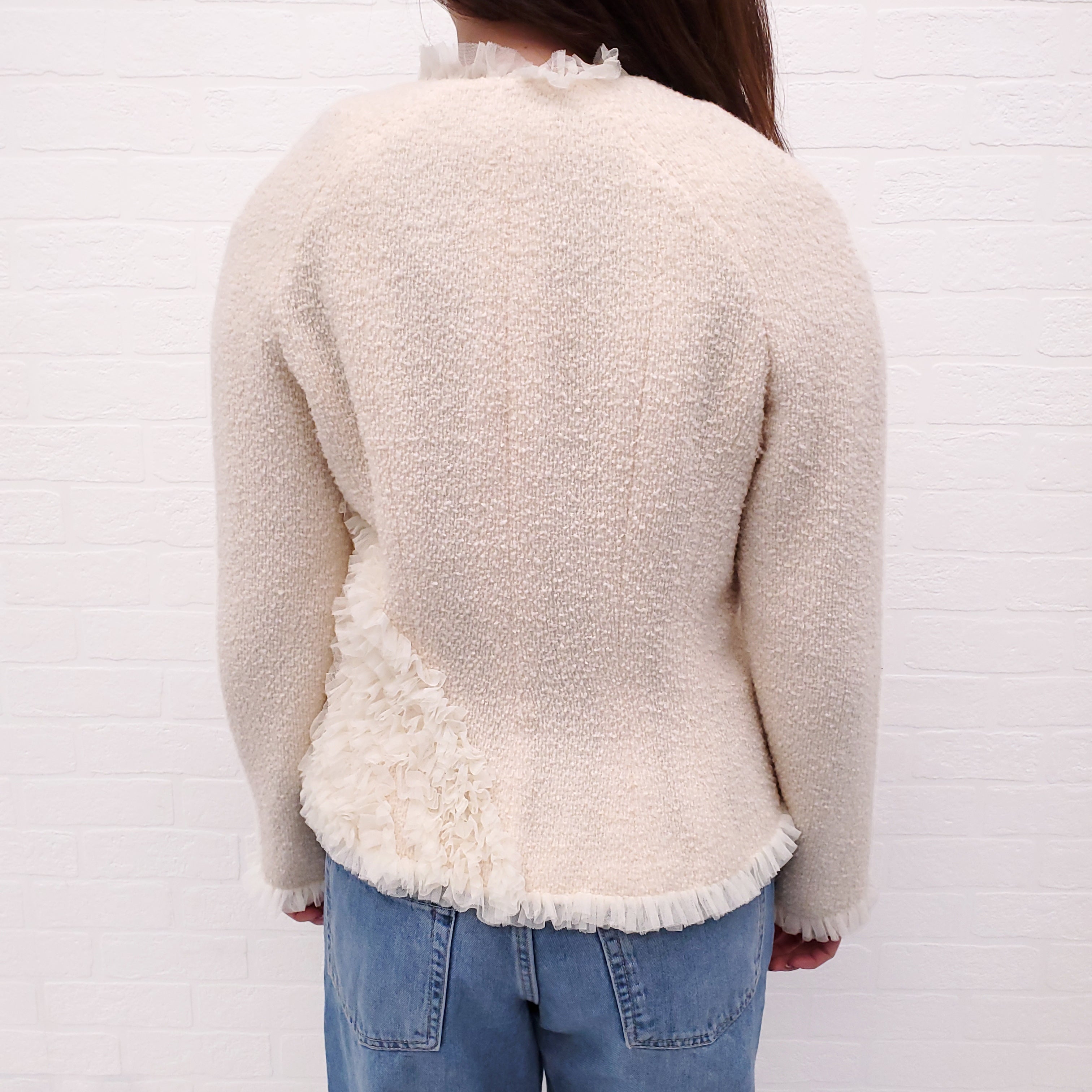 CHANEL CREAM TWEED RUFFLE JACKET - SIZE 38