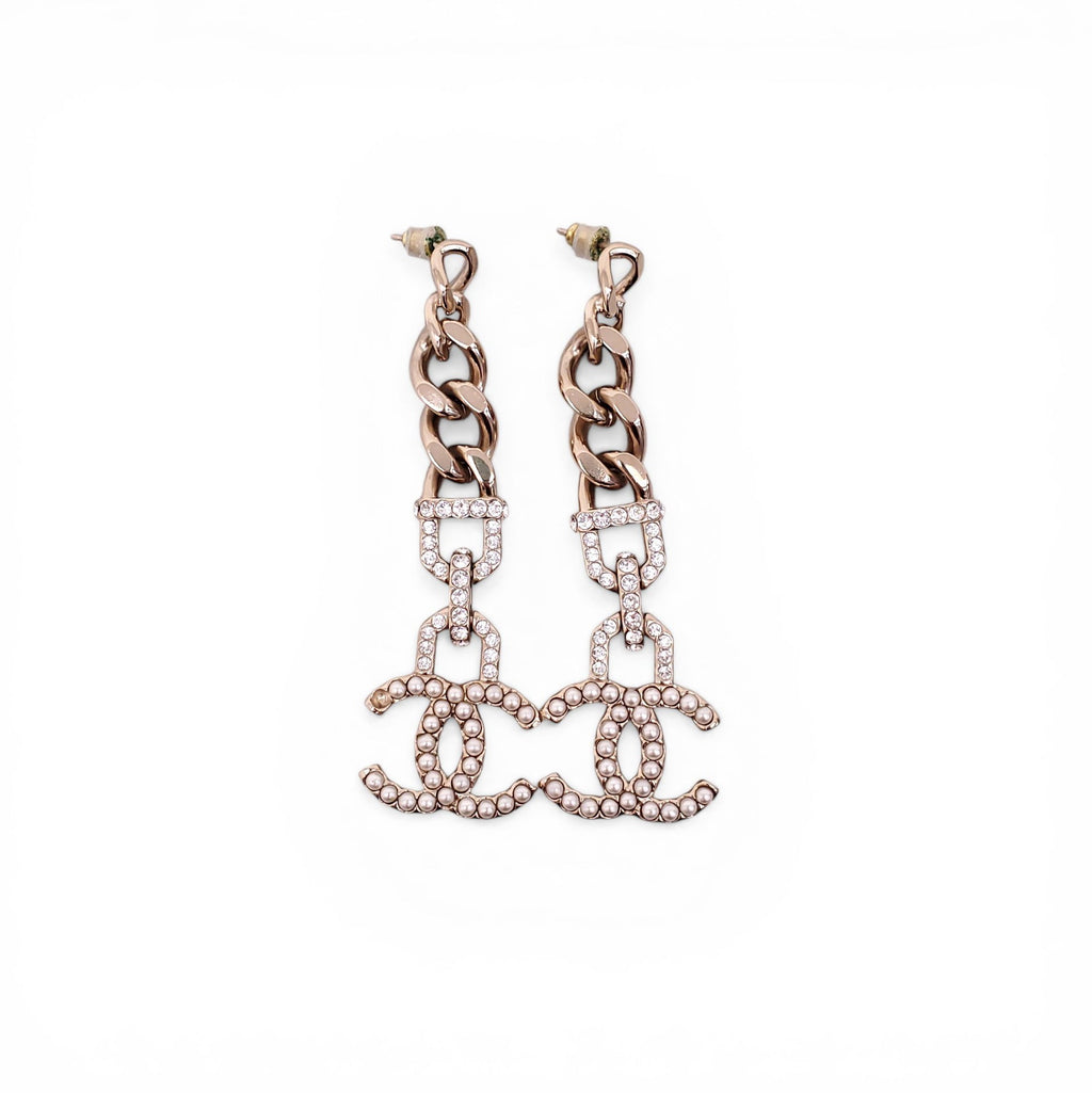 CHANEL CRYSTAL AND PEARL CC LOGO DROP EARRINGS
