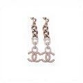 CHANEL CRYSTAL AND PEARL CC LOGO DROP EARRINGS
