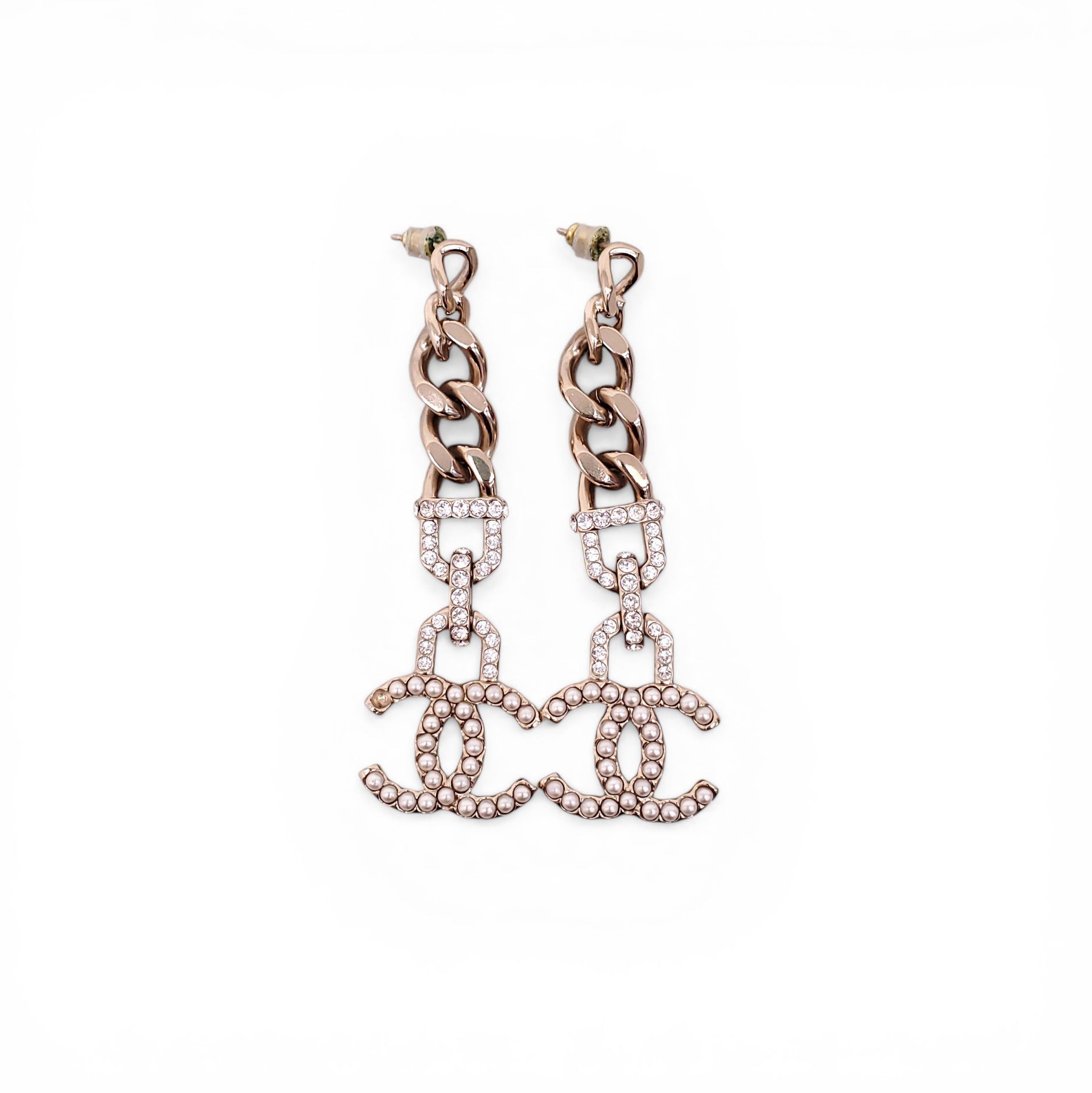 CHANEL CRYSTAL AND PEARL CC LOGO DROP EARRINGS