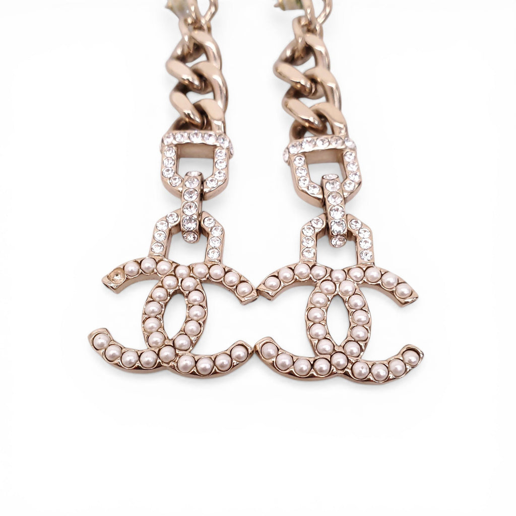 CHANEL CRYSTAL AND PEARL CC LOGO DROP EARRINGS