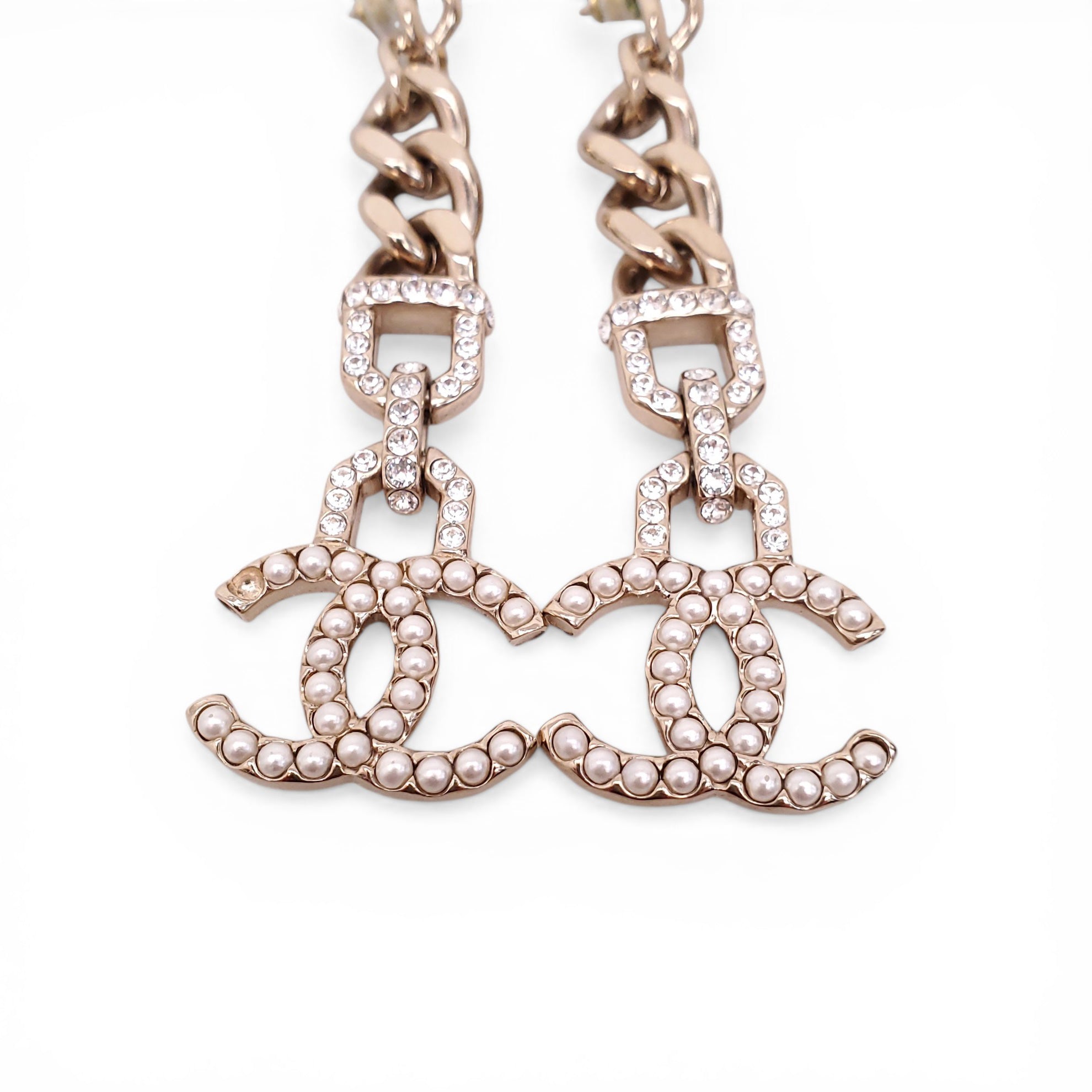 CHANEL CRYSTAL AND PEARL CC LOGO DROP EARRINGS