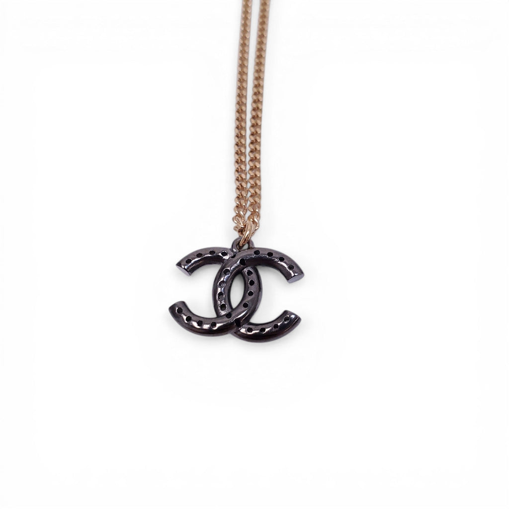 CHANEL GOLD AND SILVER CRYSTAL LOGO NECKLACE