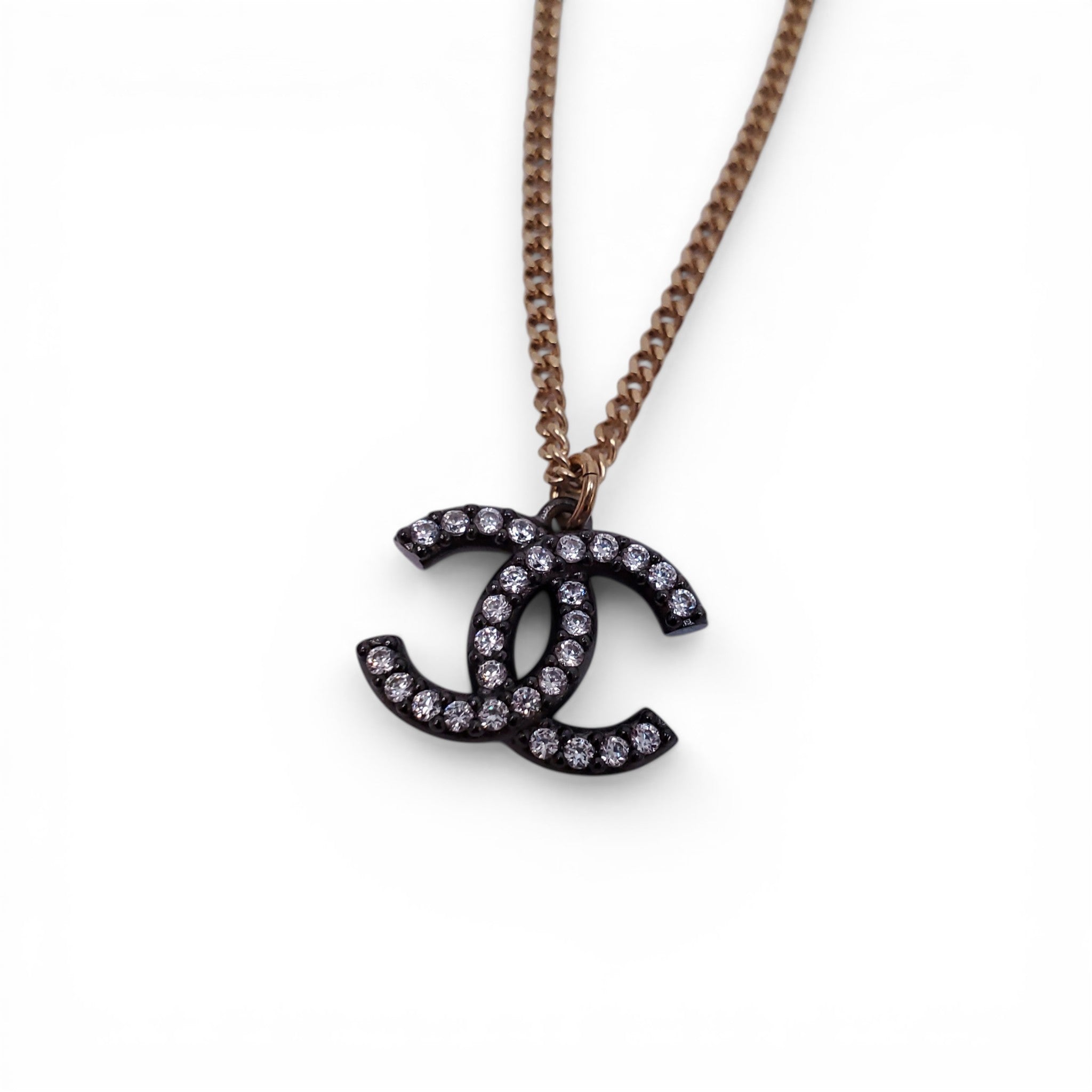 CHANEL GOLD AND SILVER CRYSTAL LOGO NECKLACE