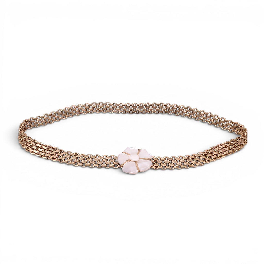 CHANEL GOLD CHAIN BELT WITH MOTHER OF PEARL LOGO FLORAL EMBLEM - SIZE 80