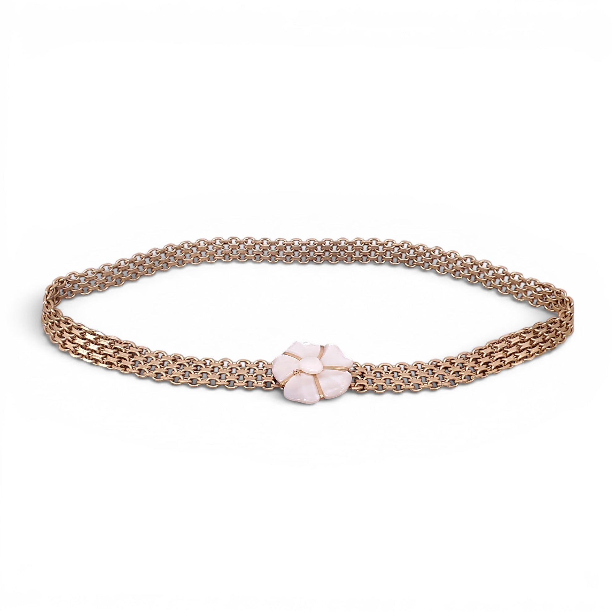 CHANEL GOLD CHAIN BELT WITH MOTHER OF PEARL LOGO FLORAL EMBLEM - SIZE 80