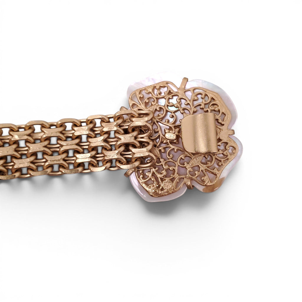 CHANEL GOLD CHAIN BELT WITH MOTHER OF PEARL LOGO FLORAL EMBLEM - SIZE 80