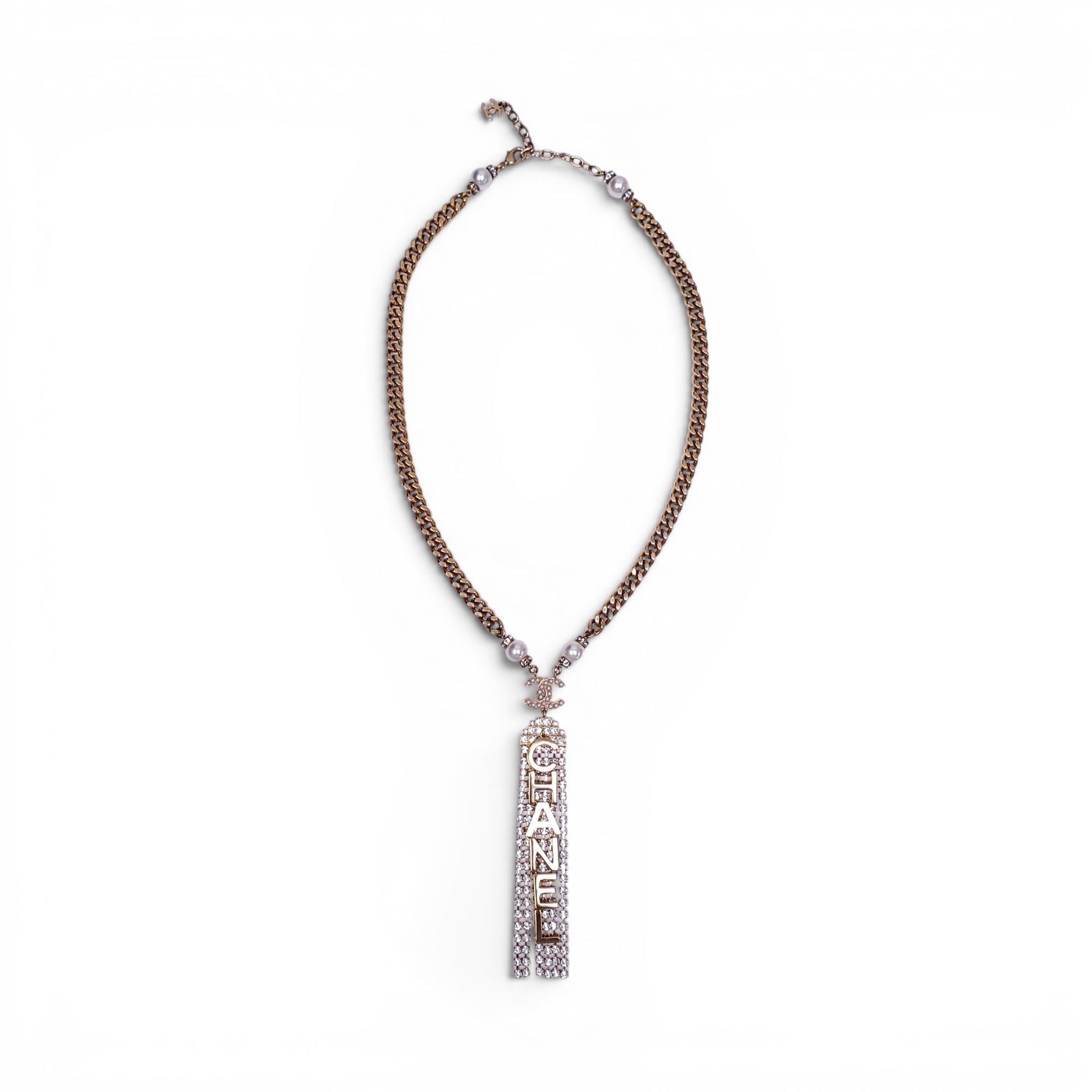 CHANEL GOLD CHAIN NECKLACE WITH DROP CRYSTALS AND LOGO