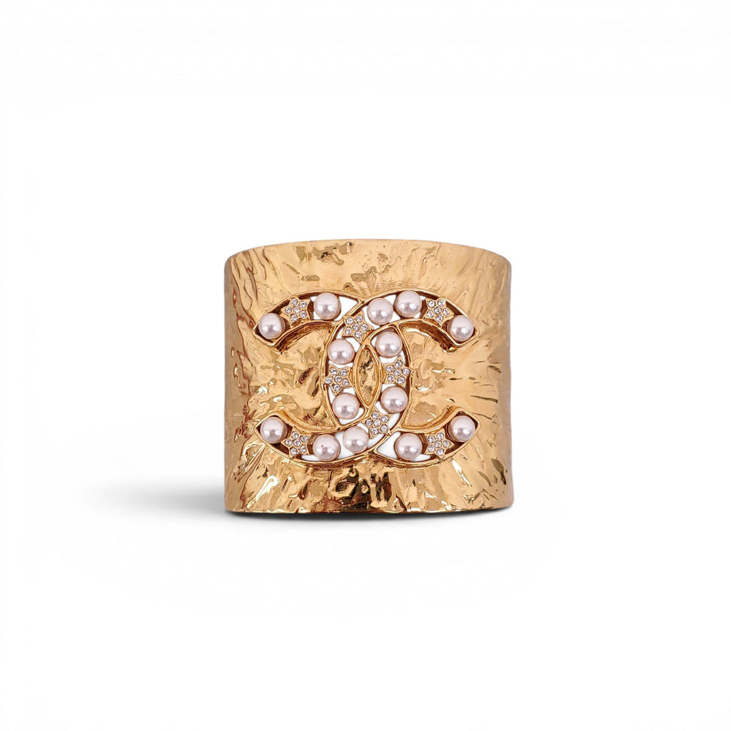 CHANEL GOLD CUFF WITH PEARL AND CRYSTAL CC LOGO