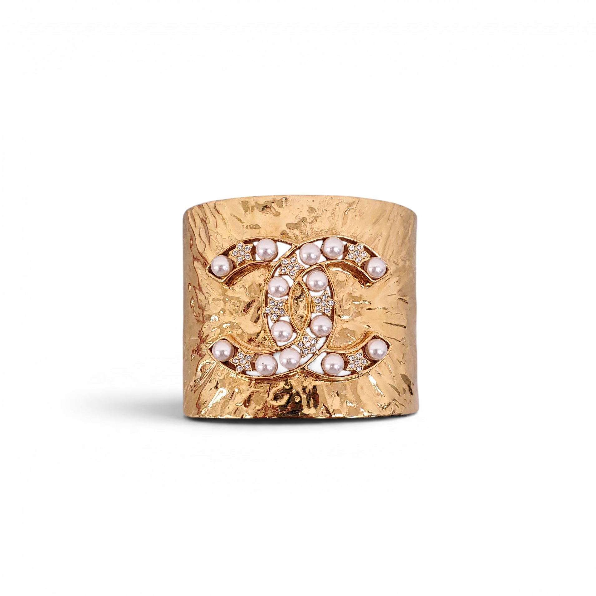 CHANEL GOLD CUFF WITH PEARL AND CRYSTAL CC LOGO