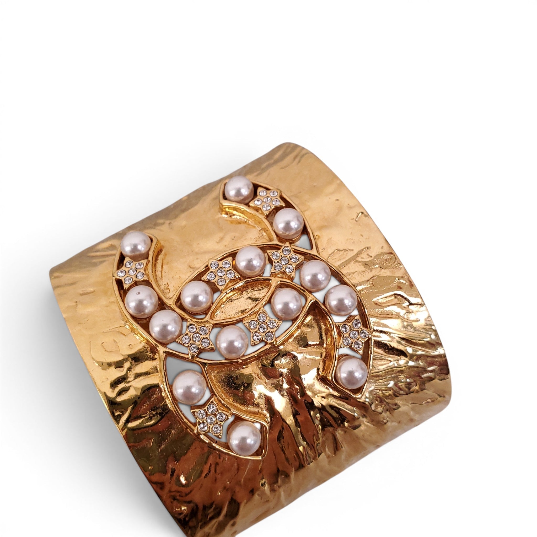 CHANEL GOLD CUFF WITH PEARL AND CRYSTAL CC LOGO