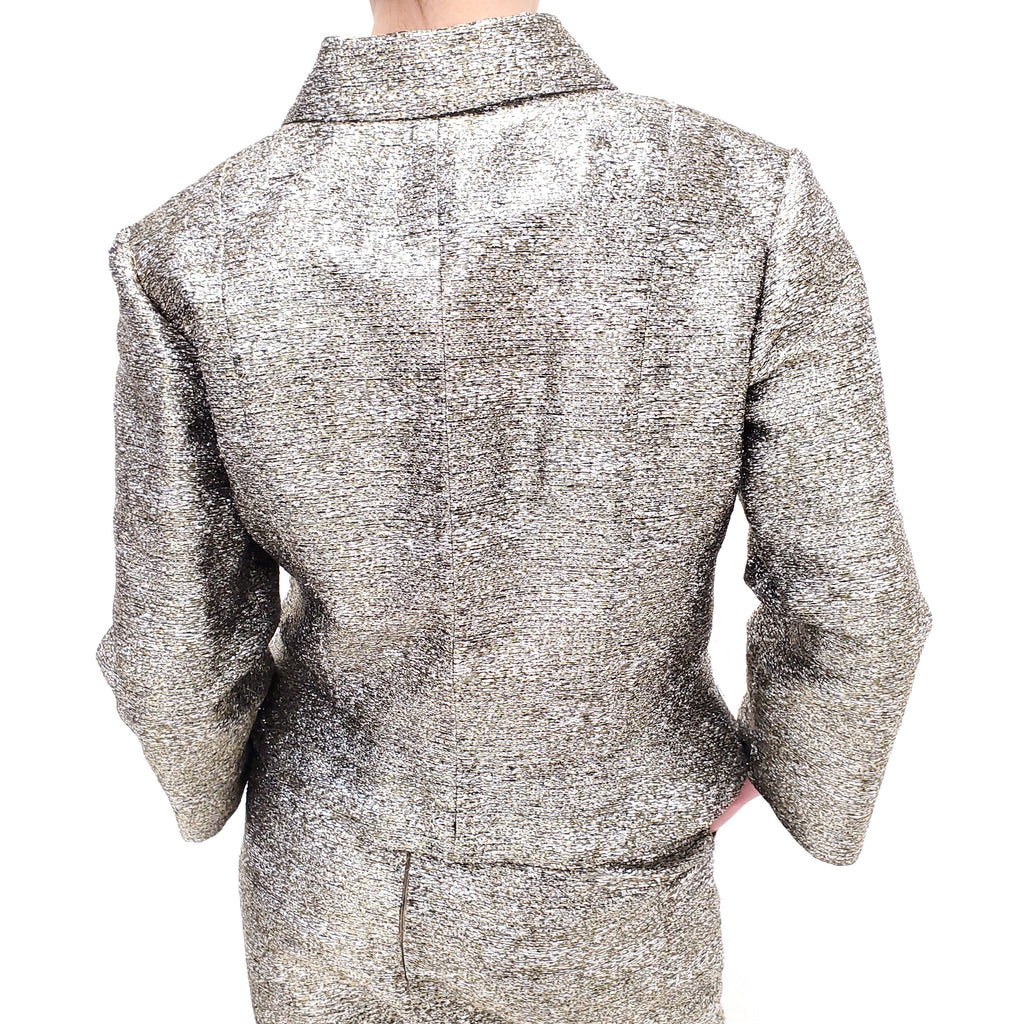 CHANEL GOLD METALLIC SUIT WITH FLORAL LOGO BUTTONS - SIZE 40