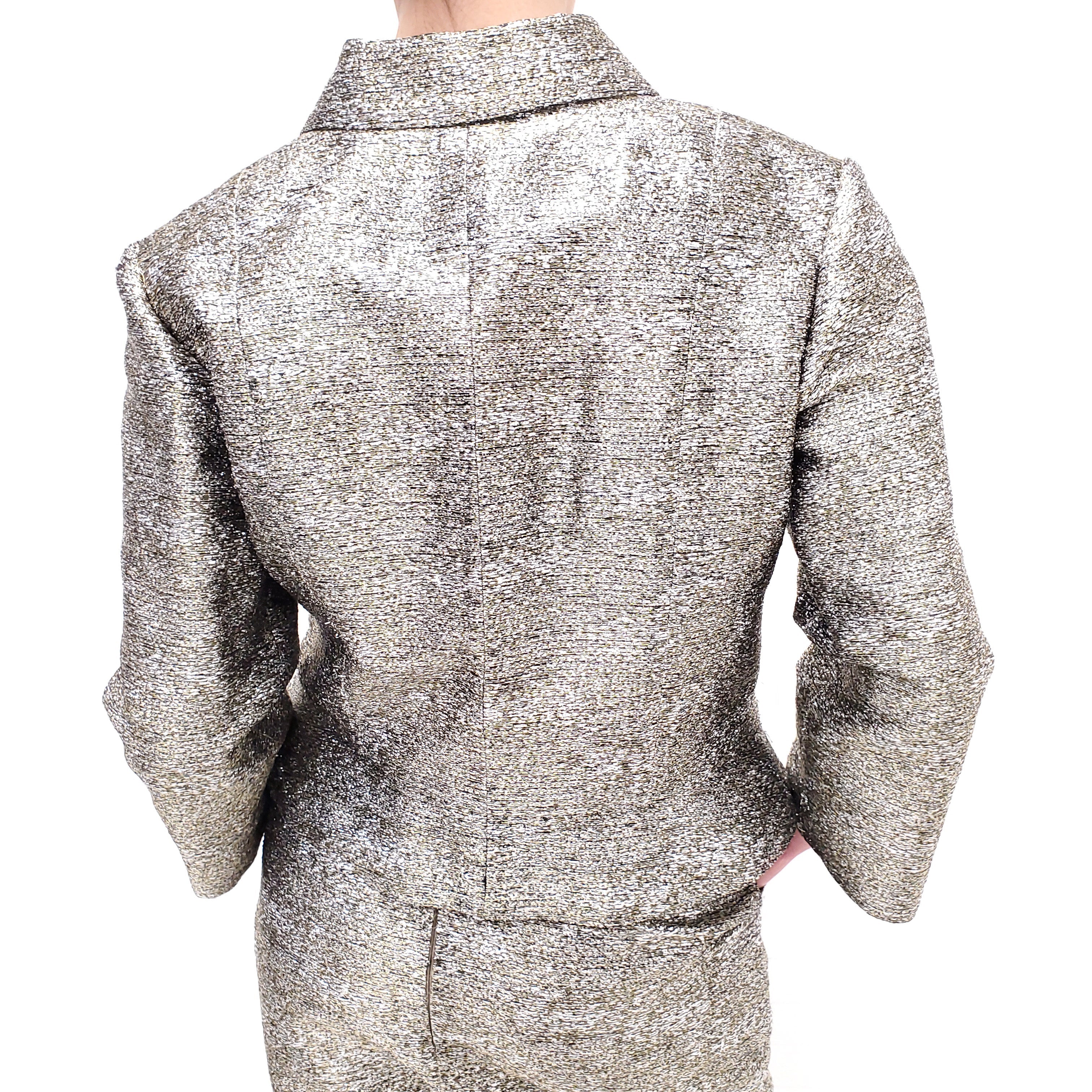 CHANEL GOLD METALLIC SUIT WITH FLORAL LOGO BUTTONS - SIZE 40