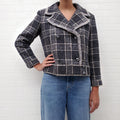 CHANEL GREY METALLIC TWEED PLAID JACKET WITH CRYSTAL LOGO BUTTONS - SIZE 40