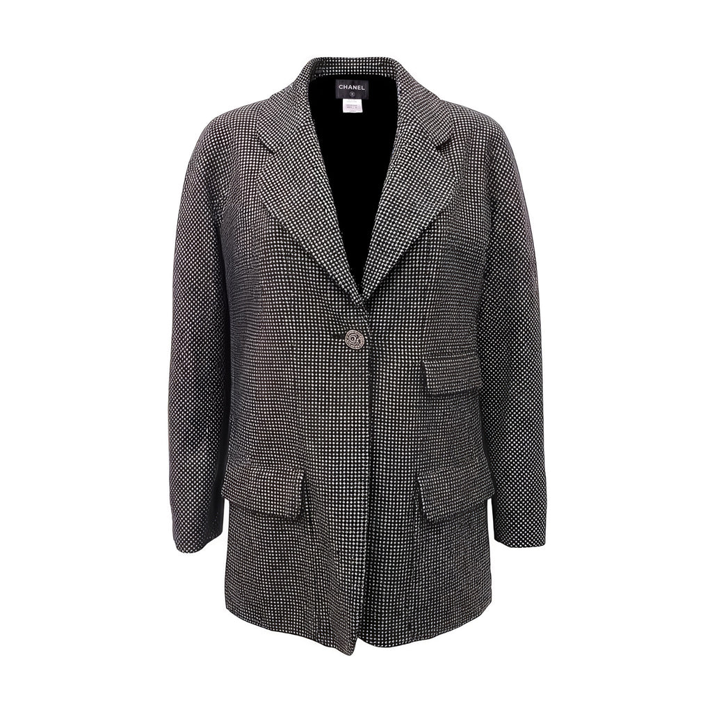 CHANEL GREY TWEED BLAZER WITH CC LOGO BUTTON - SIZE 42