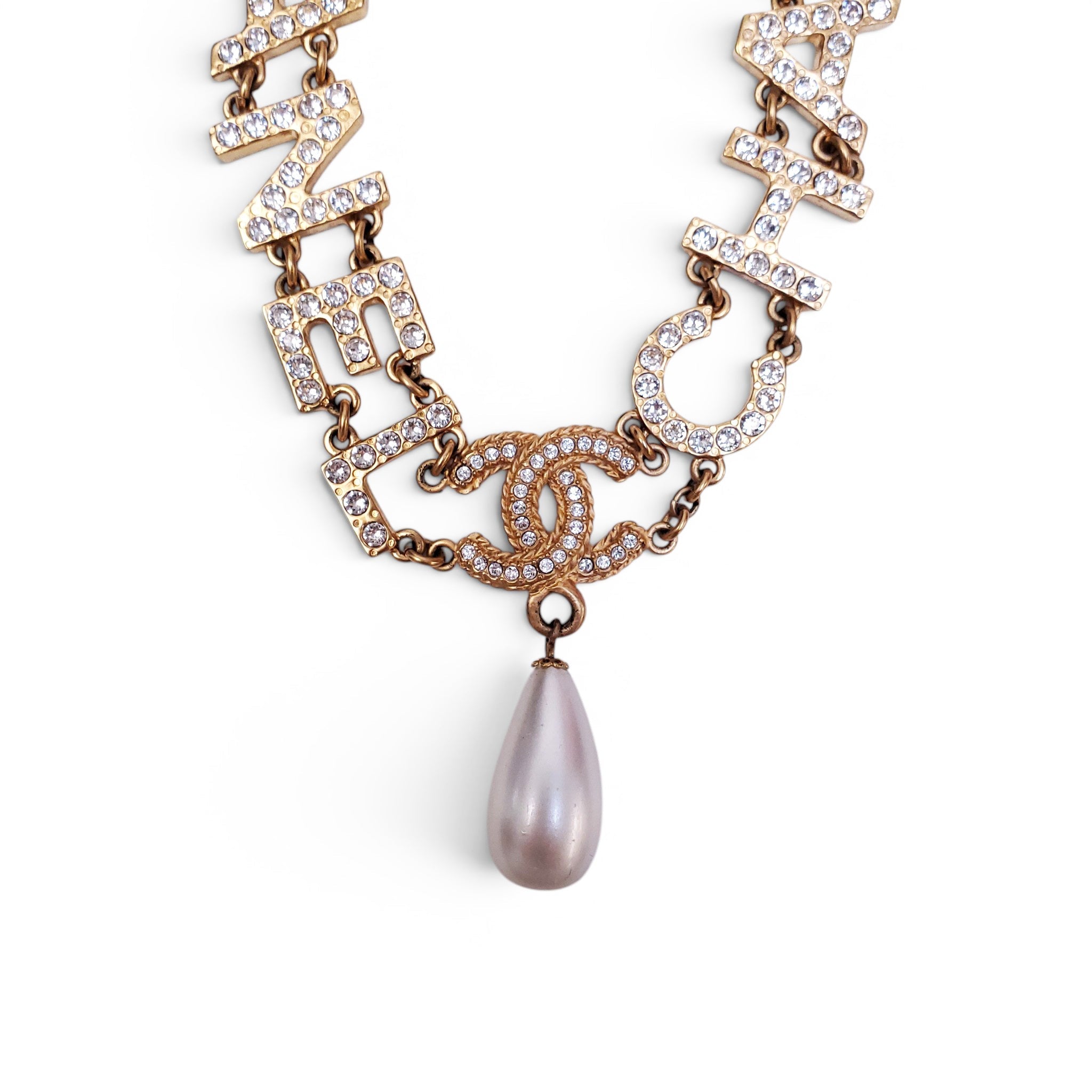 CHANEL LOGO NECKLACE WITH DROP PEARL