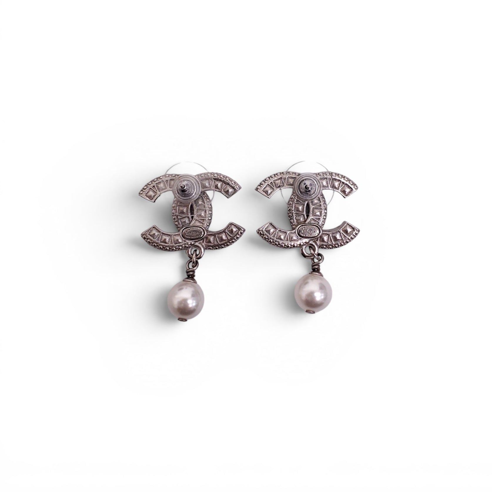 CHANEL LOGO PEARL DROP EARRINGS