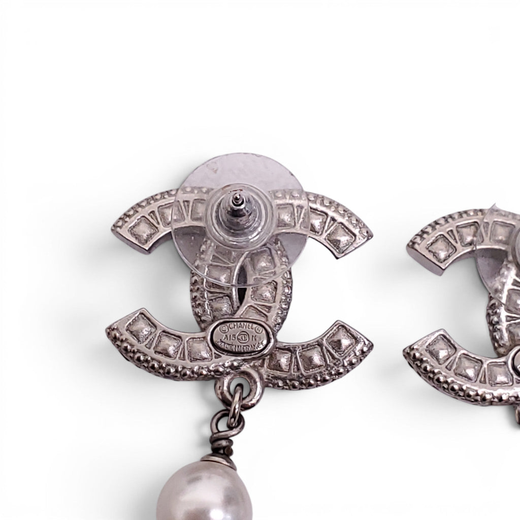 CHANEL LOGO PEARL DROP EARRINGS