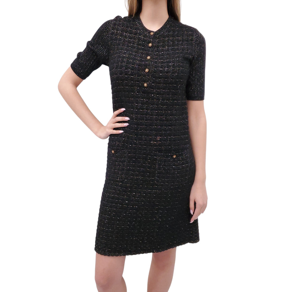 CHANEL METALLIC TWEED SWEATER DRESS - SIZE 38
