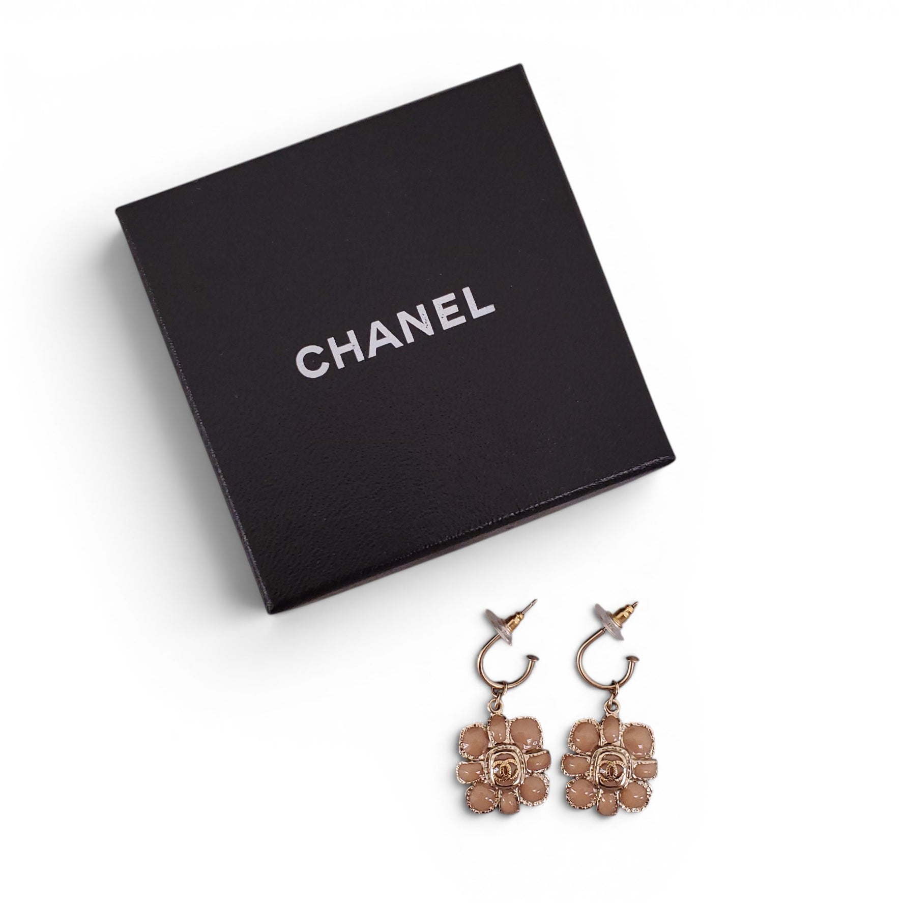 CHANEL NUDE ENAMEL FLORAL LOGO DROP EARRINGS
