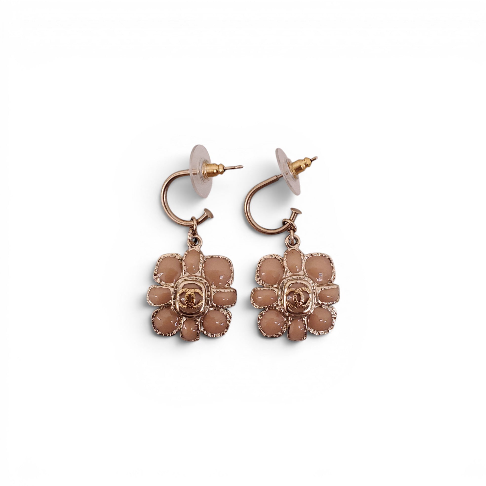 CHANEL NUDE ENAMEL FLORAL LOGO DROP EARRINGS