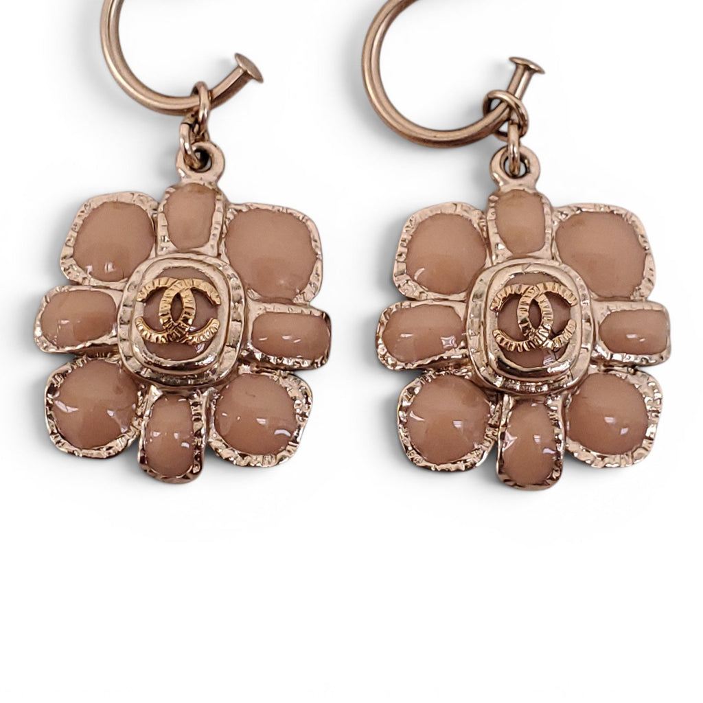 CHANEL NUDE ENAMEL FLORAL LOGO DROP EARRINGS