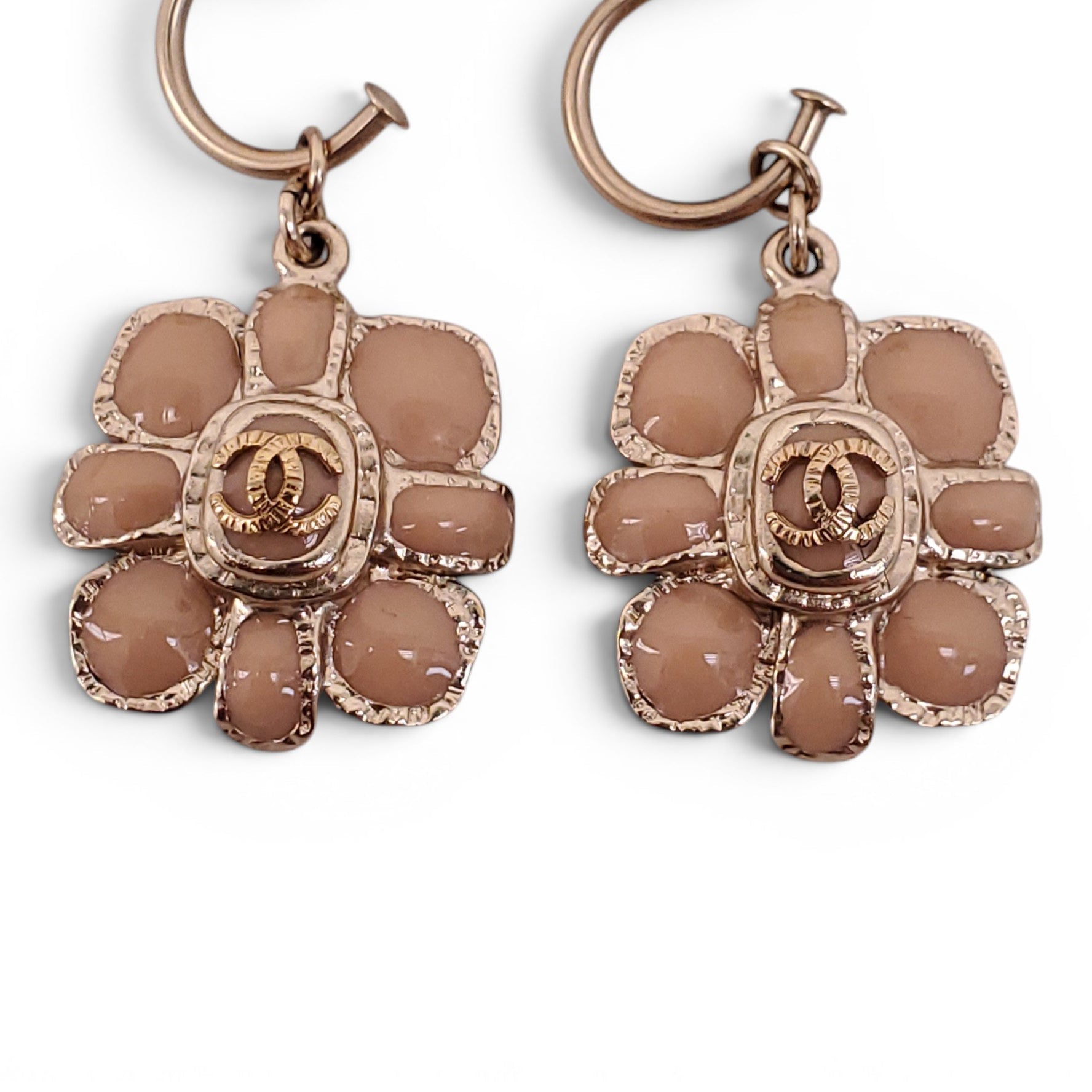 CHANEL NUDE ENAMEL FLORAL LOGO DROP EARRINGS