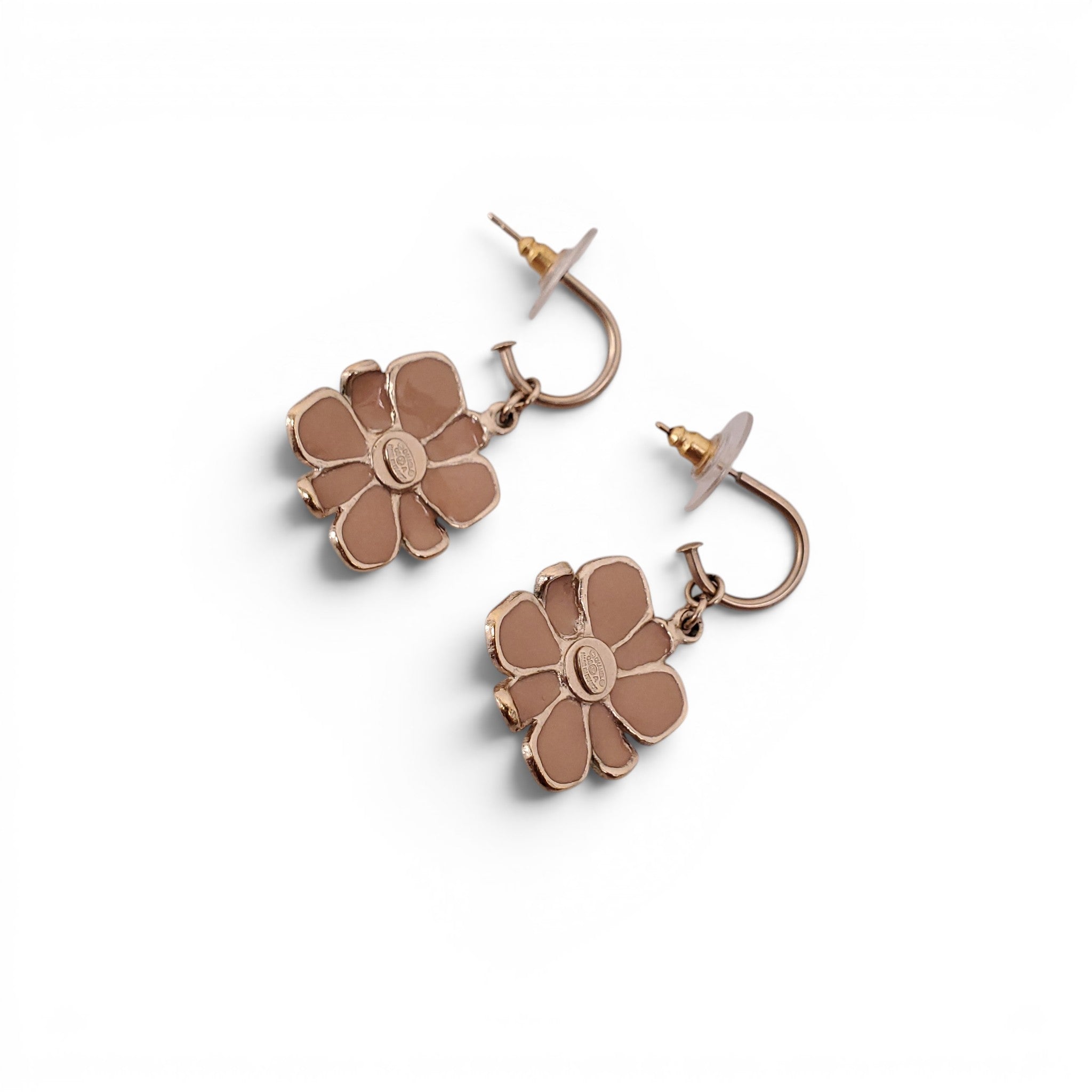 CHANEL NUDE ENAMEL FLORAL LOGO DROP EARRINGS