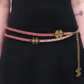 CHANEL PINK LEATHER CHAIN BELT WITH FOUR LEAF CLOVER AND LOGO