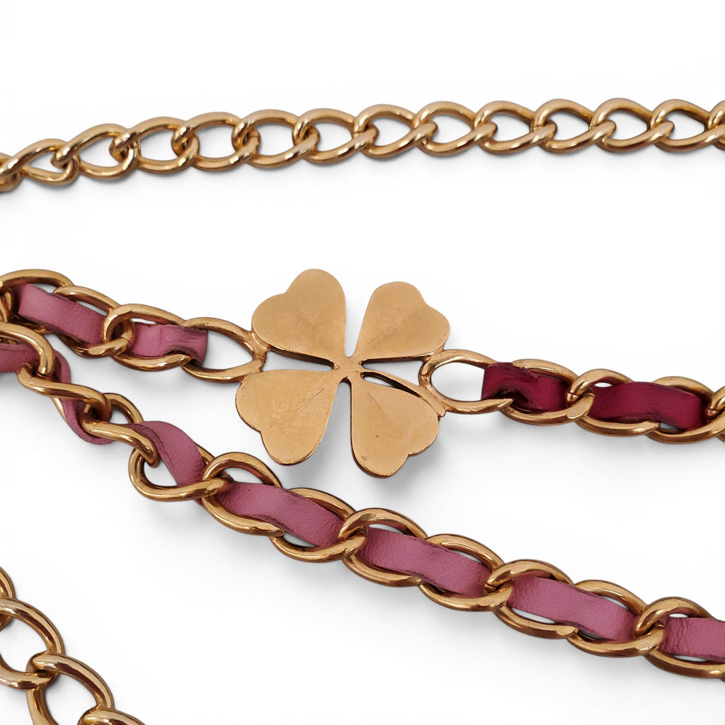 CHANEL PINK LEATHER CHAIN BELT WITH FOUR LEAF CLOVER AND LOGO