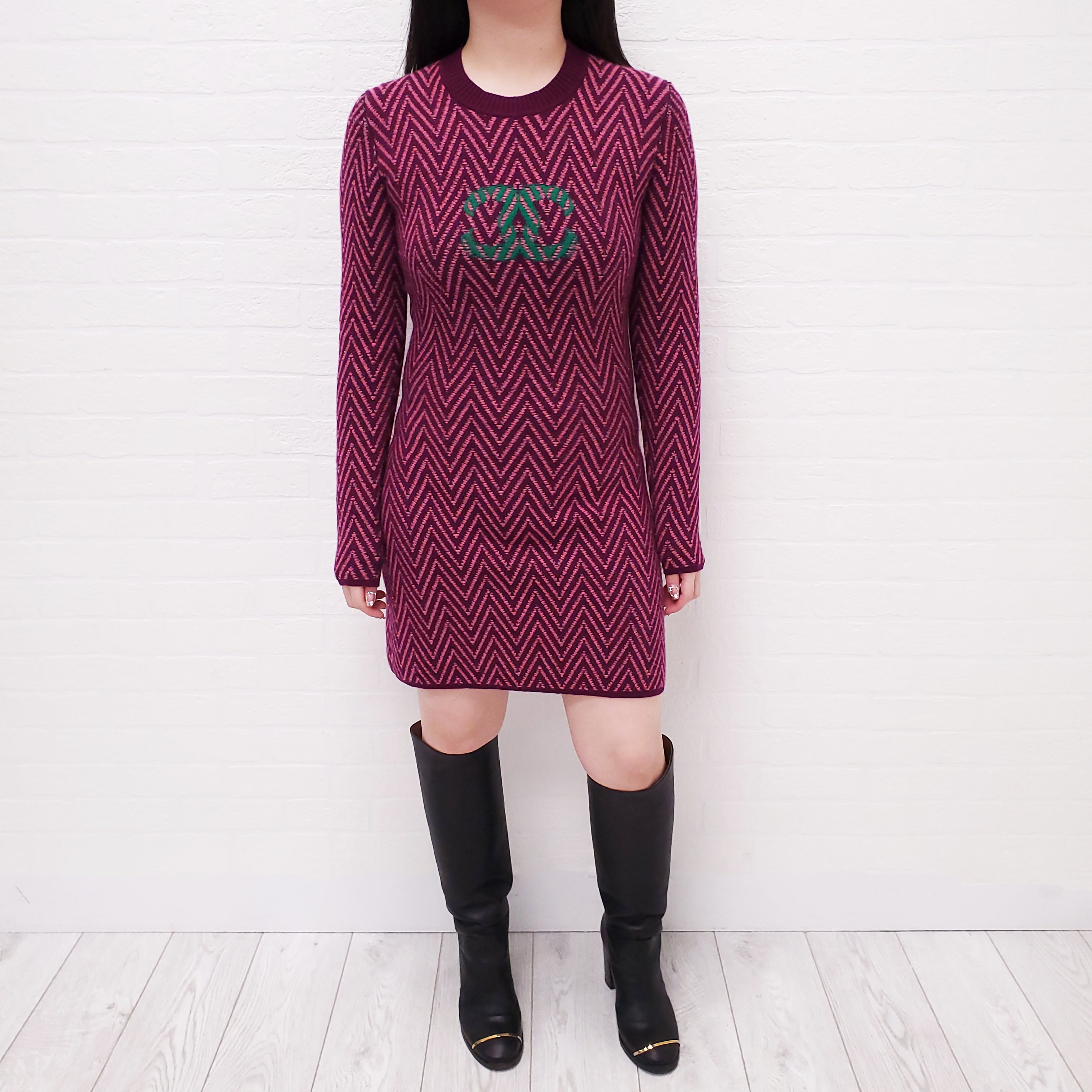 CHANEL PURPLE CHEVRON LOGO SWEATER DRESS - SIZE 36