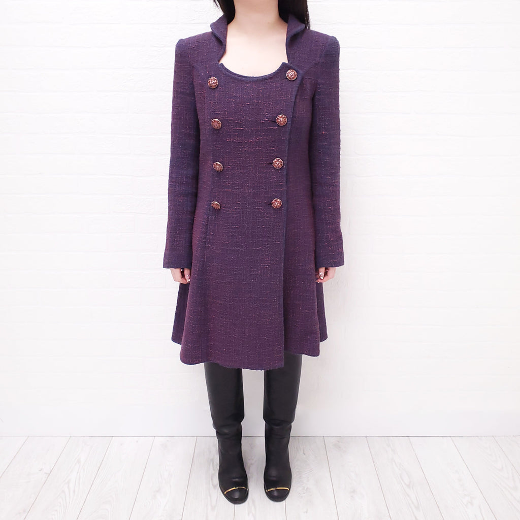 CHANEL PURPLE TWEED LONG COAT WITH LOGO BUTTONS - SIZE 40