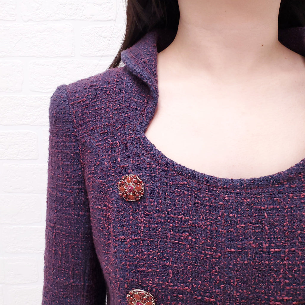 CHANEL PURPLE TWEED LONG COAT WITH LOGO BUTTONS - SIZE 40