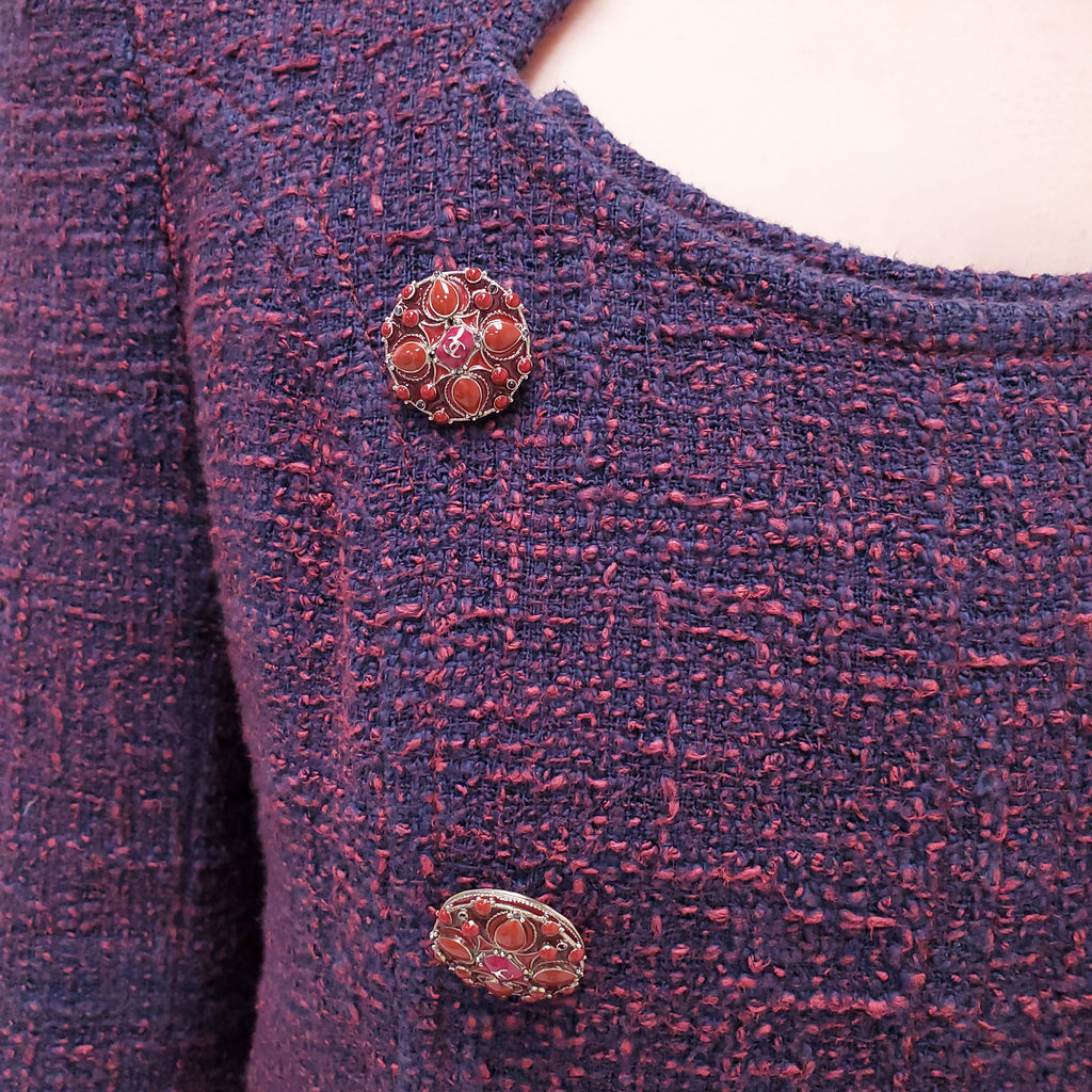 CHANEL PURPLE TWEED LONG COAT WITH LOGO BUTTONS - SIZE 40