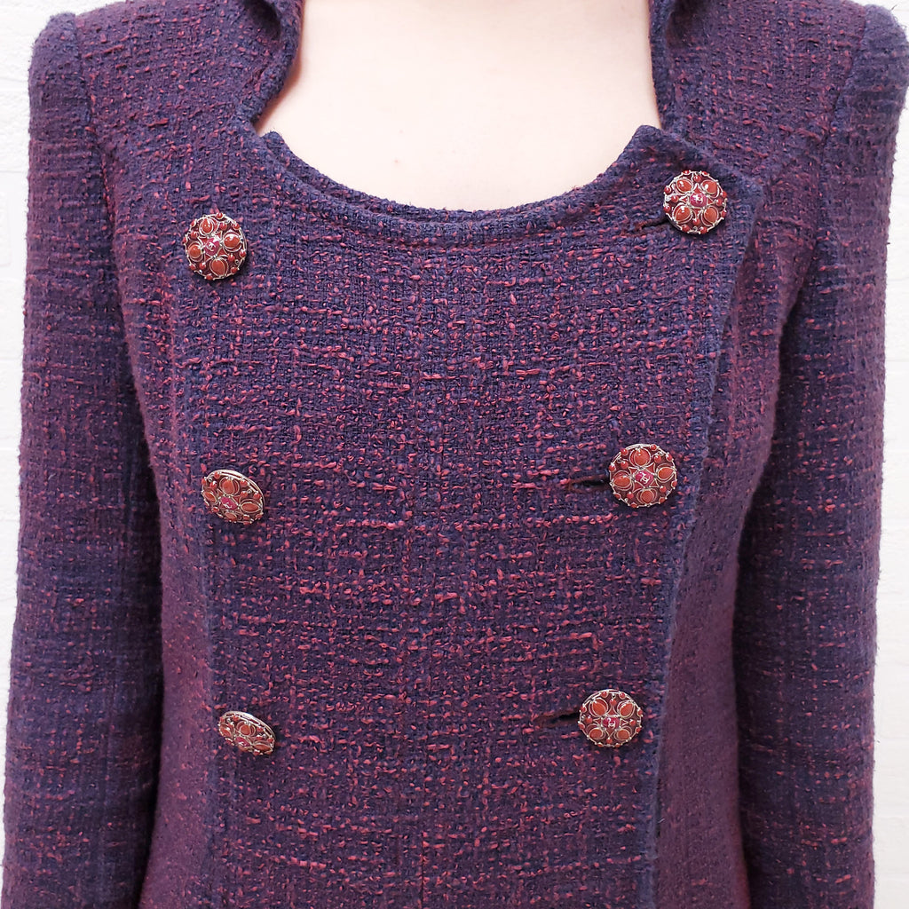 CHANEL PURPLE TWEED LONG COAT WITH LOGO BUTTONS - SIZE 40