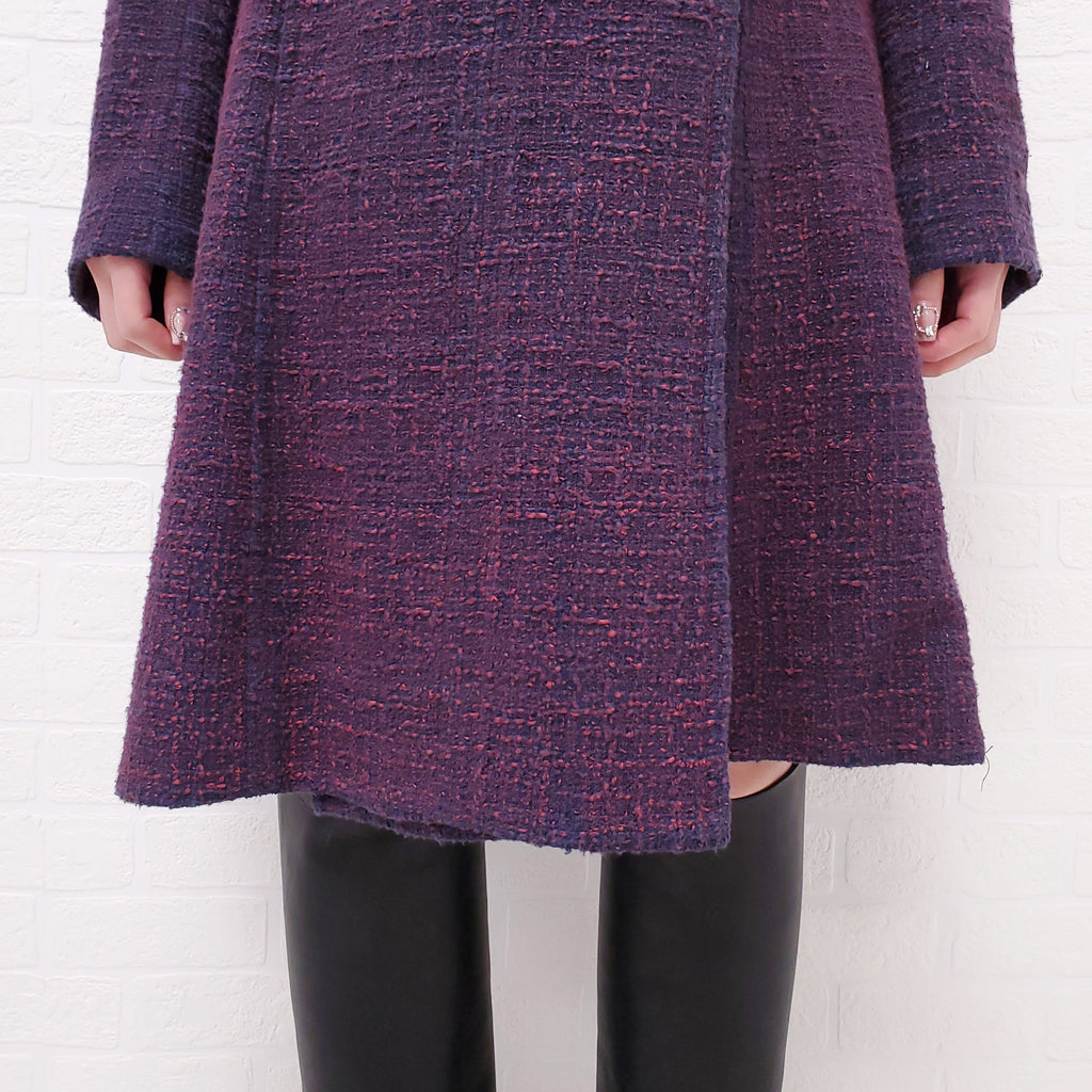 CHANEL PURPLE TWEED LONG COAT WITH LOGO BUTTONS - SIZE 40