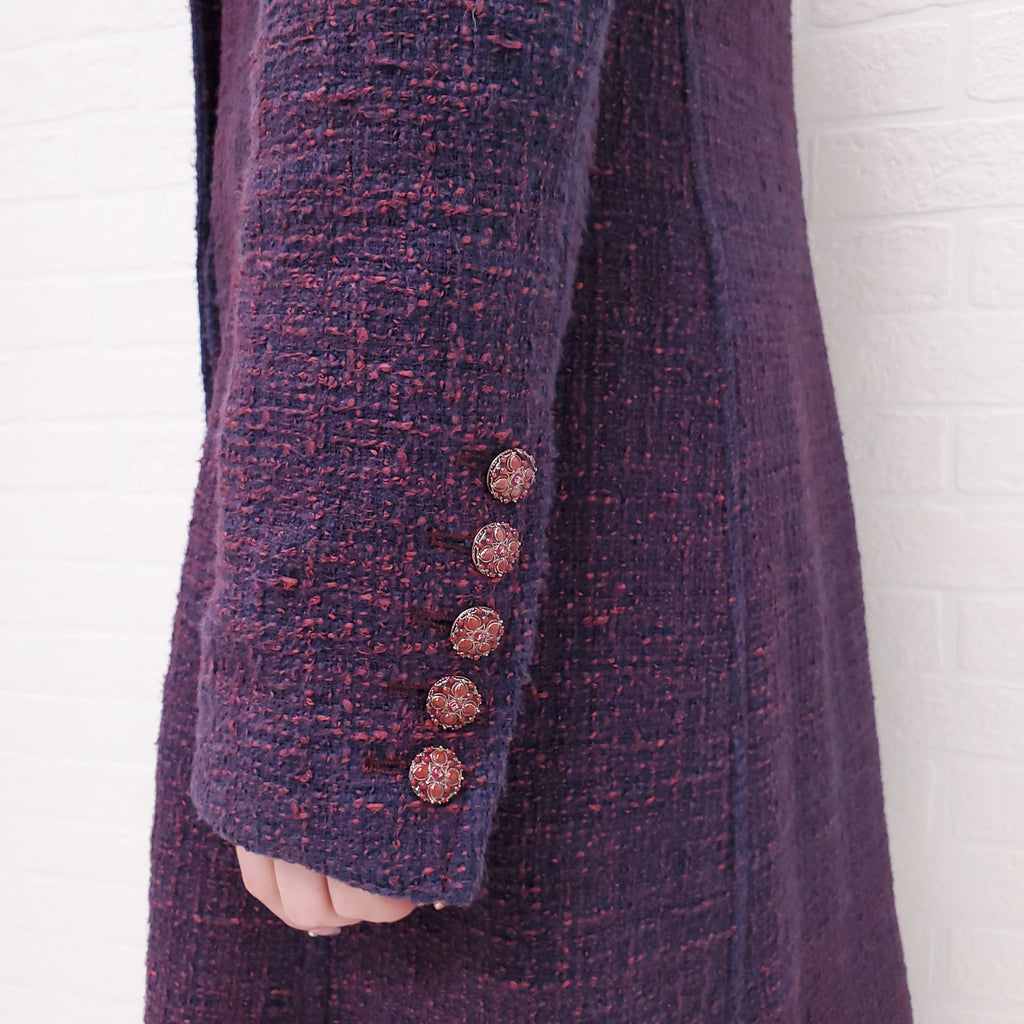 CHANEL PURPLE TWEED LONG COAT WITH LOGO BUTTONS - SIZE 40