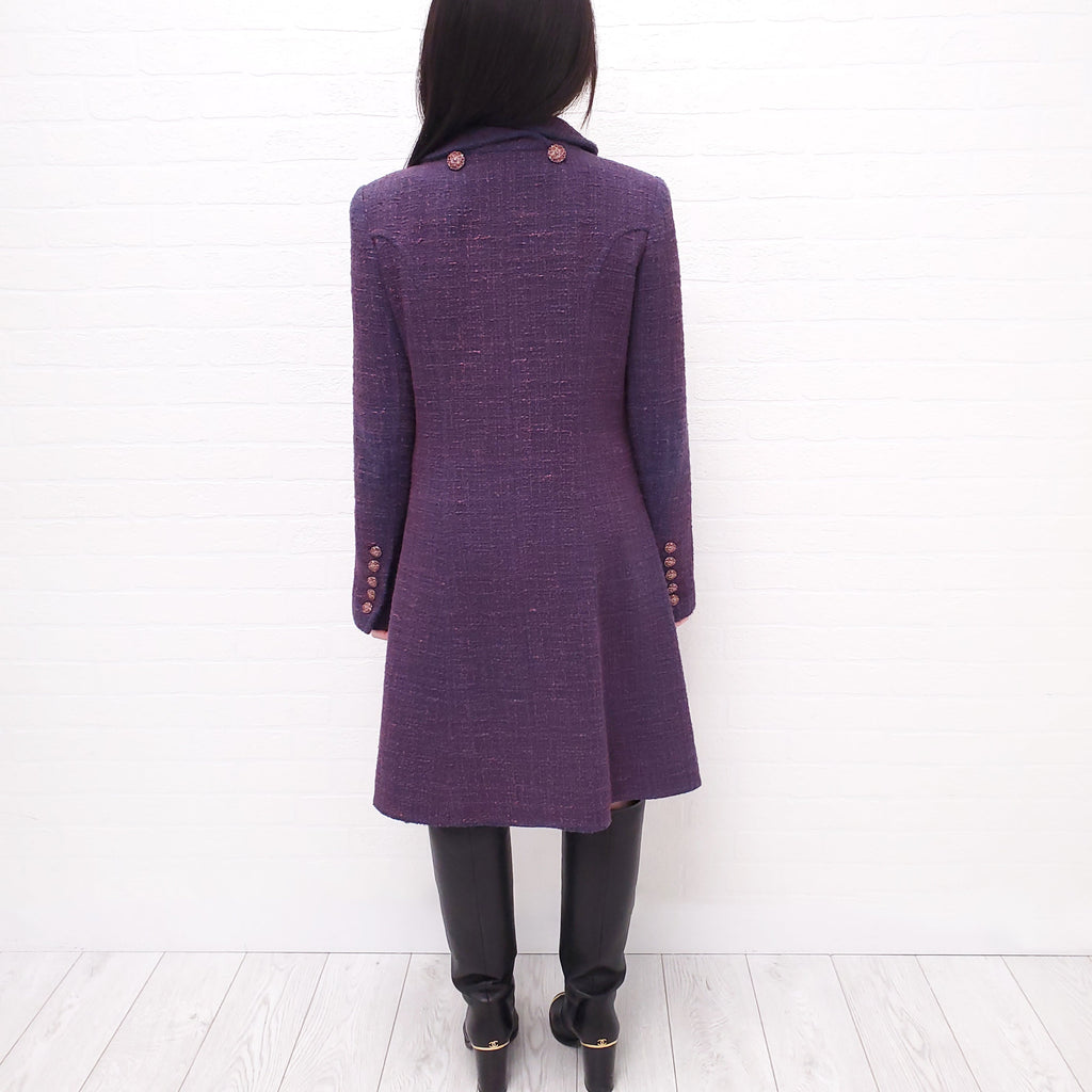 CHANEL PURPLE TWEED LONG COAT WITH LOGO BUTTONS - SIZE 40