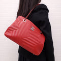 CHANEL RED LEATHER CROSSING LARGE SHOPPING TOTE