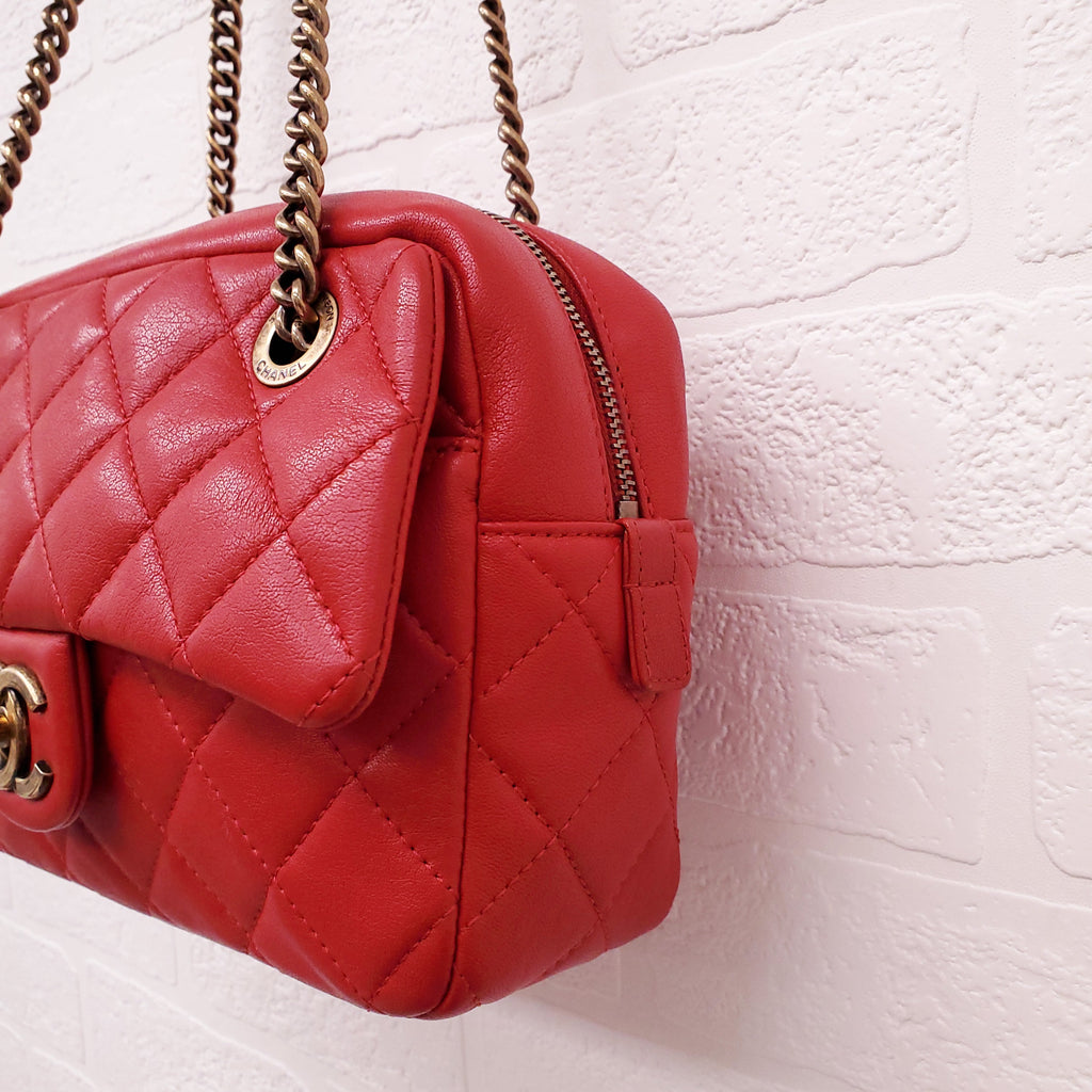 CHANEL RED QUILTED FRONT POCKET CAMERA BAG