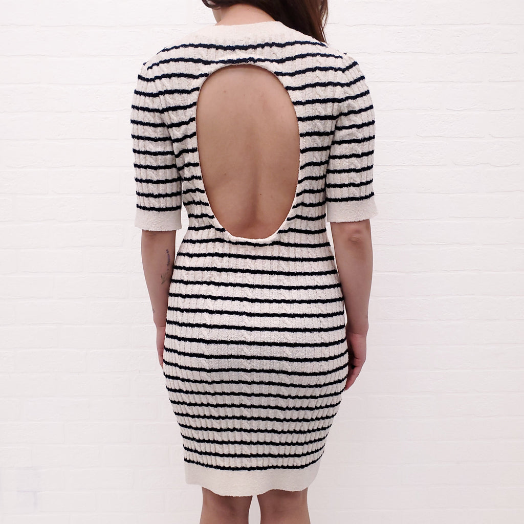 CHANEL SHORT SLEEVE CREAM AND NAVY STRIPED DRESS WITH LOGO AND CUT OUT BACK DETAIL - SIZE 38