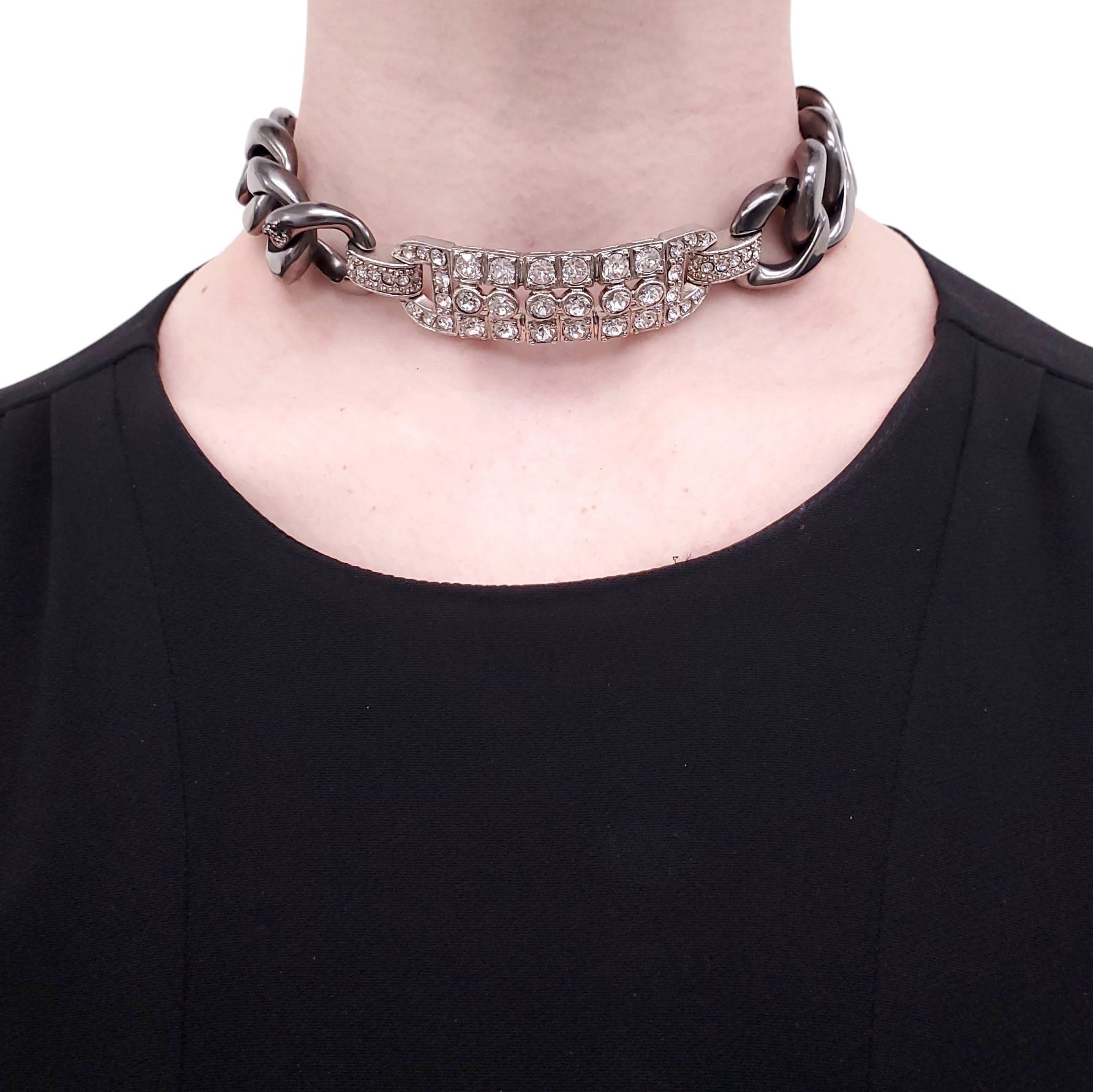 CHANEL SILVER CHAIN AND CRYSTAL CHOKER NECKLACE