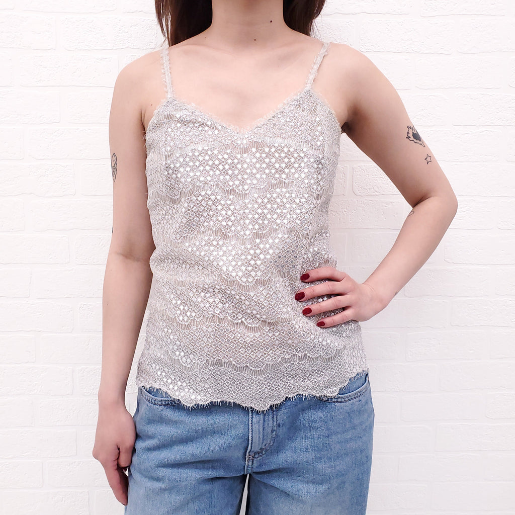 CHANEL SILVER METALLIC TANK TOP - SIZE 34