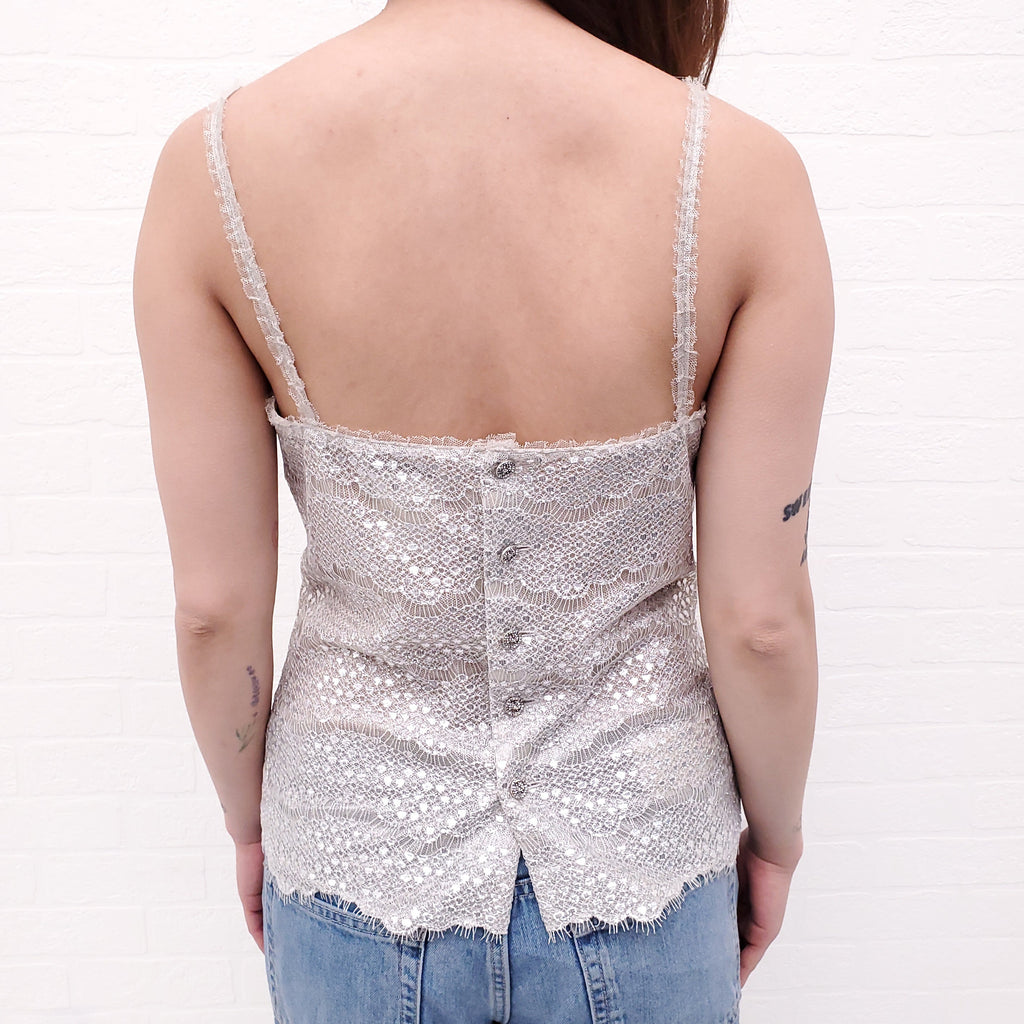 CHANEL SILVER METALLIC TANK TOP - SIZE 34